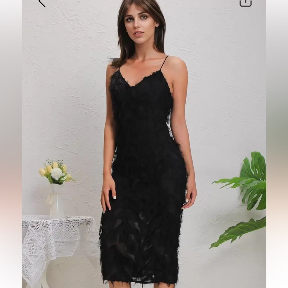 Stunning Black Feathered Spaghetti Strap Dress! NWT!